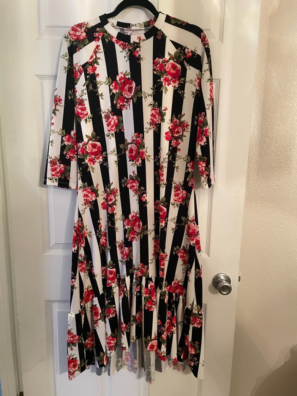 Black & White Striped Floral Midi Dress with Red Rose Print